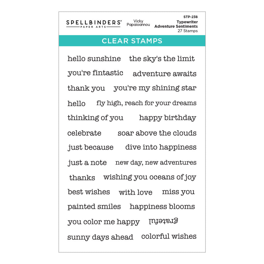Spellbinders - Typewriter Adventure Sentiments Clear Stamp Set from the Tunnel Scapes Collection by Vicky Papaioannou