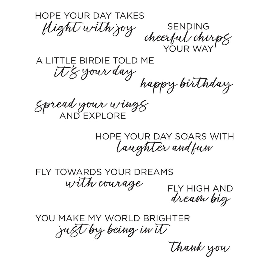 Spellbinders - Spread Your Wings Sentiments Clear Stamp Set from the Cheerful Chirps Collection