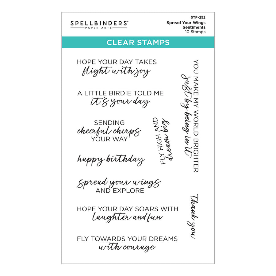 Spellbinders - Spread Your Wings Sentiments Clear Stamp Set from the Cheerful Chirps Collection
