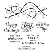 A set of black holiday-themed text phrases and decorative garland illustrations on a plain white background, likely a digital design sheet or craft stamp-style artwork from Spellbinders Mugs and Kisses Sentiments Clear Stamp Set