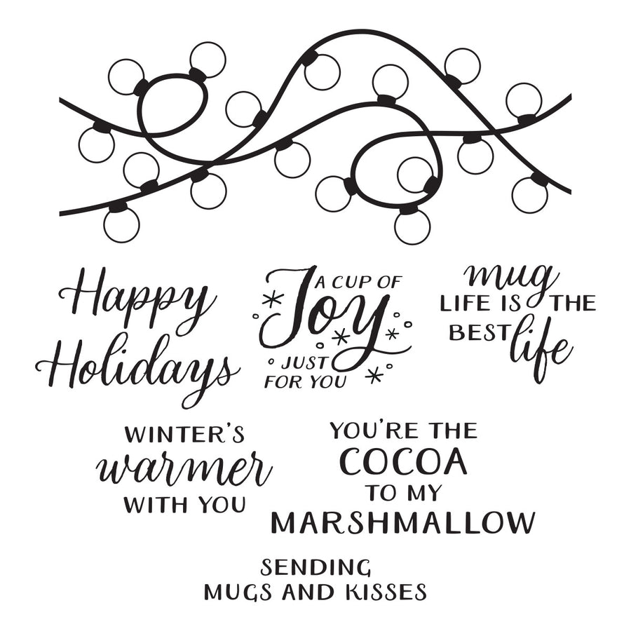A set of black holiday-themed text phrases and decorative garland illustrations on a plain white background, likely a digital design sheet or craft stamp-style artwork from Spellbinders Mugs and Kisses Sentiments Clear Stamp Set