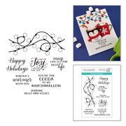 A collage showing a clear stamp sheet with holiday-themed phrases and decorative black line art, alongside a styled example card featuring a penguin and mug illustration, and a package insert card. The visible brand on the insert is Spellbinders - Mugs and Kisses Sentiments Clear Stamp Set