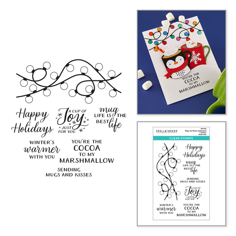 A collage showing a clear stamp sheet with holiday-themed phrases and decorative black line art, alongside a styled example card featuring a penguin and mug illustration, and a package insert card. The visible brand on the insert is Spellbinders - Mugs and Kisses Sentiments Clear Stamp Set