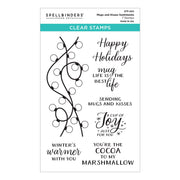 Spellbinders Clear Stamps sheet STP-260 called Mugs and Kisses Sentiments Clear Stamp Set featuring 7 holiday-themed black stamps with phrases like 'Happy Holidays', 'mug LIFE IS THE BEST life', and 'Winter's warmer WITH YOU'.