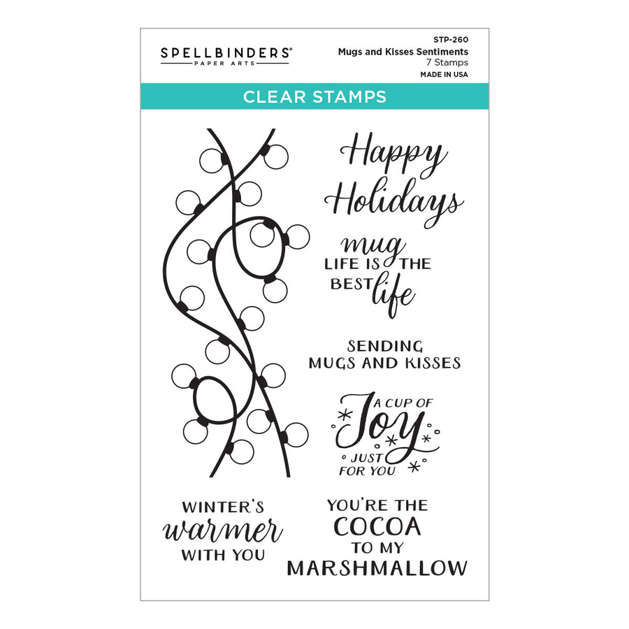 Spellbinders Clear Stamps sheet STP-260 called Mugs and Kisses Sentiments Clear Stamp Set featuring 7 holiday-themed black stamps with phrases like 'Happy Holidays', 'mug LIFE IS THE BEST life', and 'Winter's warmer WITH YOU'.