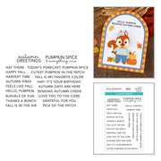 A collage showing an autumn-themed stamp design and a sheet of clear stamps. The top-right stamp artwork features a fox wearing a blue outfit with pumpkins and the text 'HELLO, PUMPKIN SPICE SENDING AUTUMN CHEER. Spellbinders All About Fall Clear Stamp Set by Allison Frazier