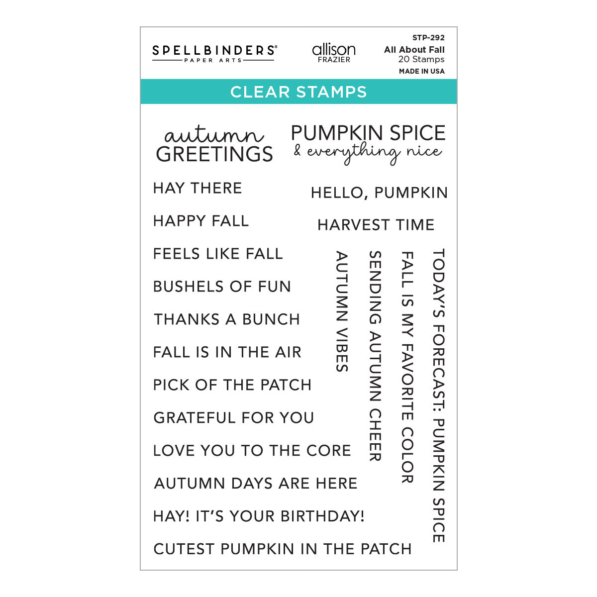Spellbinders All About Fall Clear Stamps sheet featuring 20 pumpkin spice and autumn-themed phrases, shown on a clean white background.