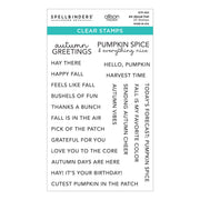 Spellbinders All About Fall Clear Stamps sheet featuring 20 pumpkin spice and autumn-themed phrases, shown on a clean white background.