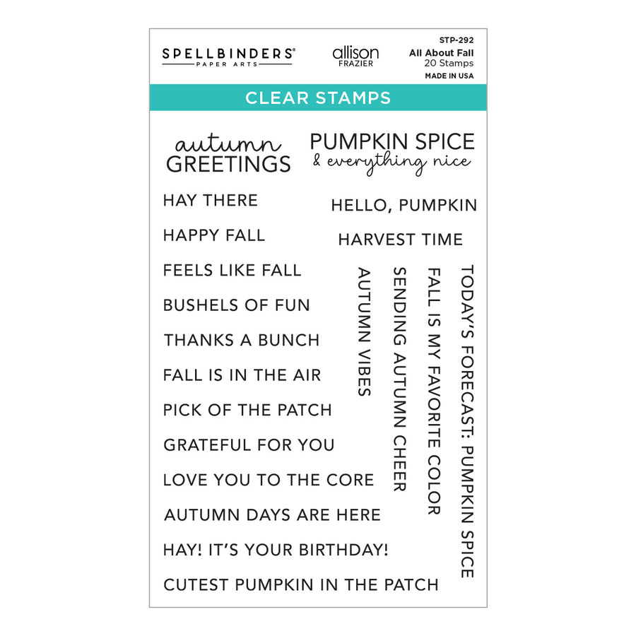 Spellbinders All About Fall Clear Stamps sheet featuring 20 pumpkin spice and autumn-themed phrases, shown on a clean white background.