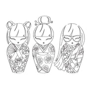 Three black and white line art illustrations of Japanese doll-like figures in floral kimono-style patterns, shown on a plain white background. Spellbinders Spring in Kyoto Clear Stamp Set by Alex Syberia