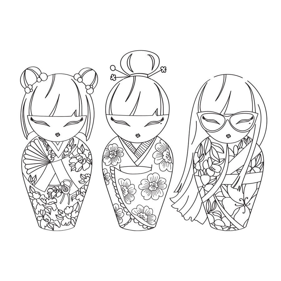 Three black and white line art illustrations of Japanese doll-like figures in floral kimono-style patterns, shown on a plain white background. Spellbinders Spring in Kyoto Clear Stamp Set by Alex Syberia