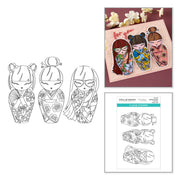 Three black-and-white line-art doll/kimono stamp designs shown on the left, with two example colorful stamped cards on the top right and a sheet labeled 'Clear Stamps' with the brand Spellbinders on the bottom right. Spellbinders Spring in Kyoto Clear Stamp Set by Alex Syberia