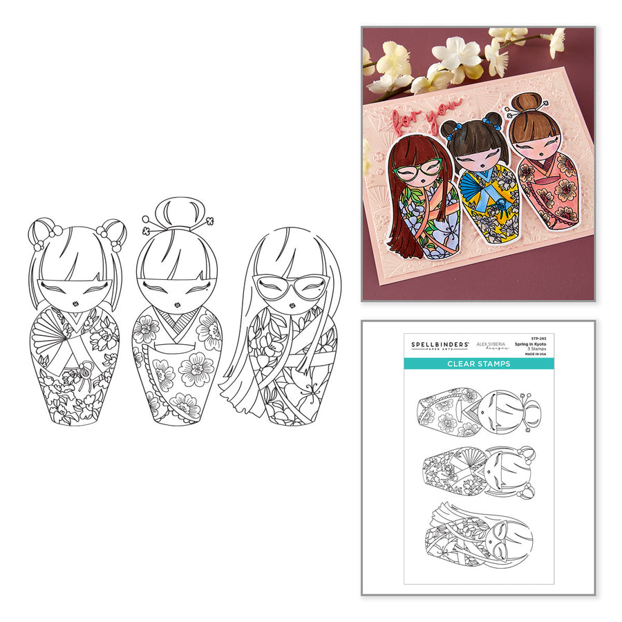 Three black-and-white line-art doll/kimono stamp designs shown on the left, with two example colorful stamped cards on the top right and a sheet labeled 'Clear Stamps' with the brand Spellbinders on the bottom right. Spellbinders Spring in Kyoto Clear Stamp Set by Alex Syberia