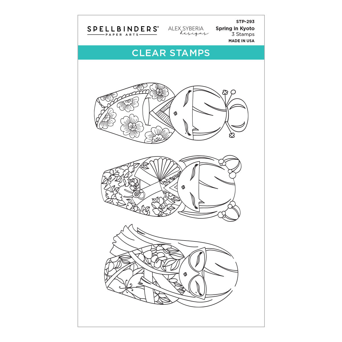 Spellbinders Paper Art clear stamp sheet featuring three black line-art koi fish stamps with floral and geometric patterns, labeled 'Clear Stamps' by Alex Syberia. Spellbinders Spring in Kyoto Clear Stamp Set by Alex Syberia