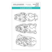 Spellbinders Paper Art clear stamp sheet featuring three black line-art koi fish stamps with floral and geometric patterns, labeled 'Clear Stamps' by Alex Syberia. Spellbinders Spring in Kyoto Clear Stamp Set by Alex Syberia