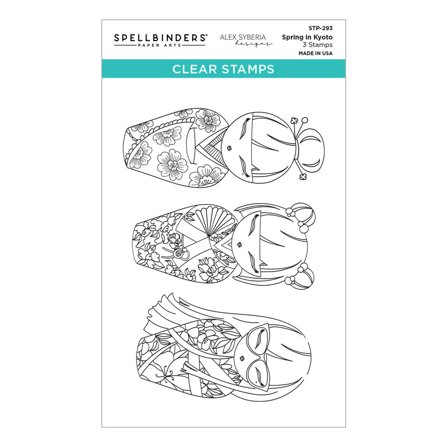 Spellbinders Paper Art clear stamp sheet featuring three black line-art koi fish stamps with floral and geometric patterns, labeled 'Clear Stamps' by Alex Syberia. Spellbinders Spring in Kyoto Clear Stamp Set by Alex Syberia