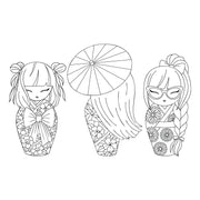 Black and white line art illustration of three cute Japanese doll characters, one holding a paper umbrella, on a plain white background. Spellbinders Autumn in Kyoto Clear Stamp Set by Alex Syberia