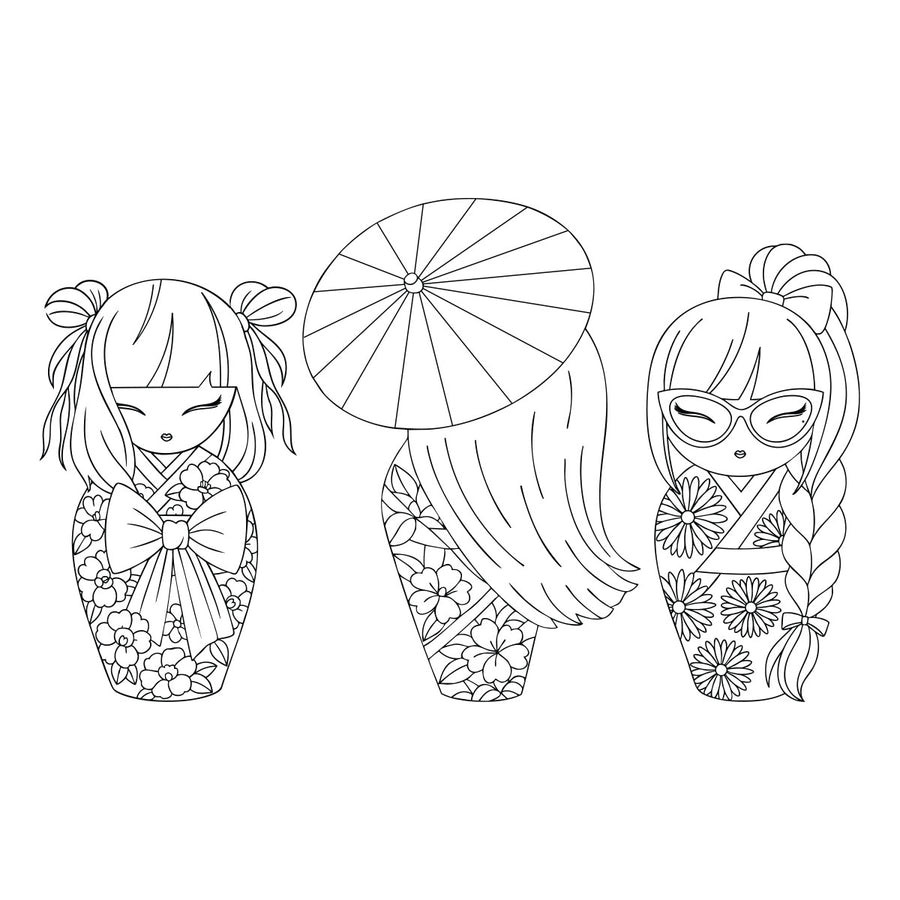 Black and white line art illustration of three cute Japanese doll characters, one holding a paper umbrella, on a plain white background. Spellbinders Autumn in Kyoto Clear Stamp Set by Alex Syberia