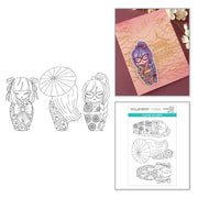 A collage showing a clear stamp set with three black-and-white line-art doll illustrations, a pink stamped card featuring a doll design, and the package insert for 'Clear Stamps' by Spellbinders. Spellbinders Autumn in Kyoto Clear Stamp Set by Alex Syberia