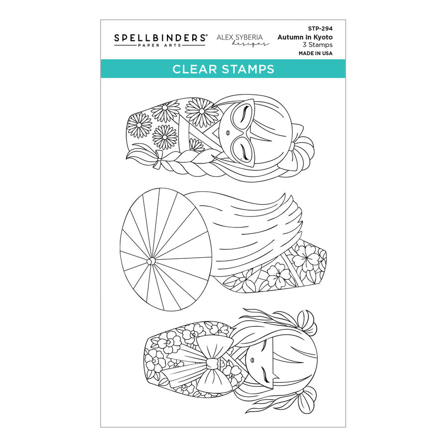Spellbinders Alex Syberia Autumn in Kyoto clear stamps package, featuring three black line-art stamp designs of autumn-themed figures on a white card with a teal header.