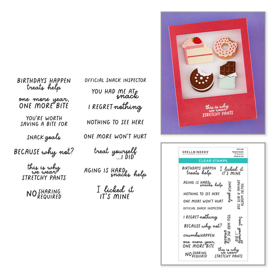 A collage showing a set of novelty stretchy phrase and their matching handmade card. The left side displays the individual phrases on a white background, while the right side shows a pink handmade card with a purple gradient background and a clear sheet of the corresponding phrases. Spellbinders Snack Goals Clear Stamp Set