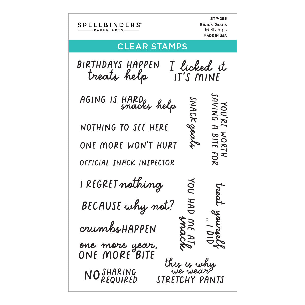 Spellbinders Clear Stamps 'Snack Goals' 16-piece stamp sheet, featuring various black handwritten and cursive phrases related to snacks and eating on a white background with a teal header.
