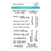 Spellbinders Clear Stamps 'Snack Goals' 16-piece stamp sheet, featuring various black handwritten and cursive phrases related to snacks and eating on a white background with a teal header.