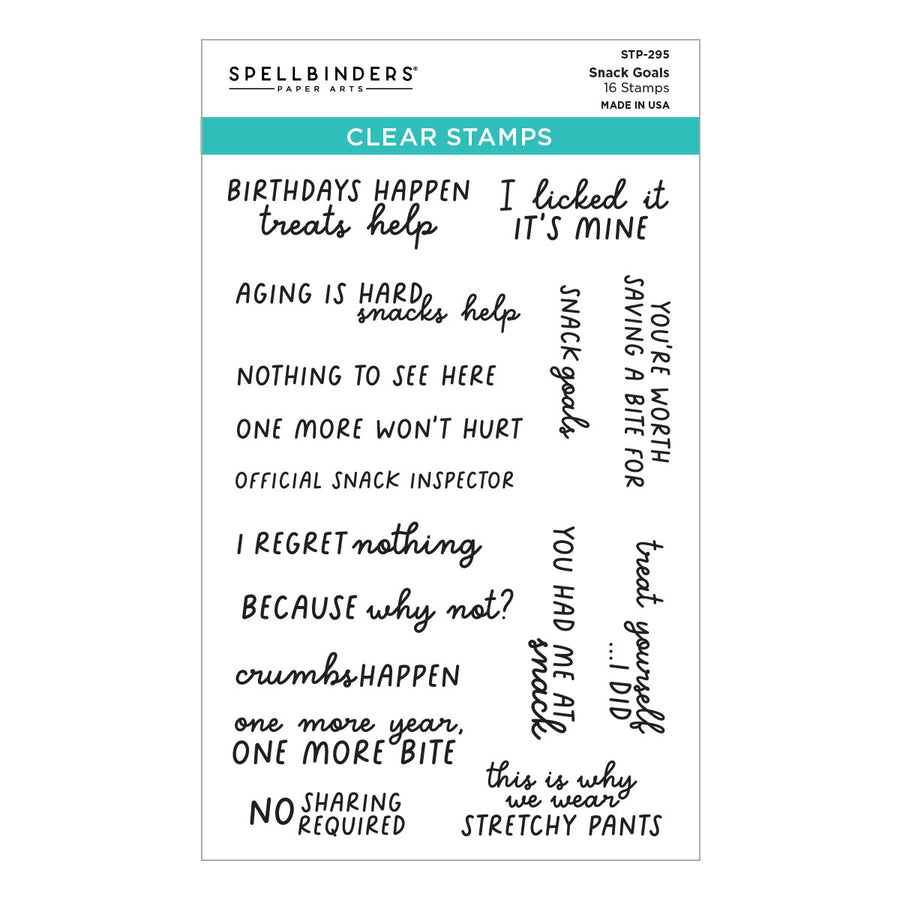 Spellbinders Clear Stamps 'Snack Goals' 16-piece stamp sheet, featuring various black handwritten and cursive phrases related to snacks and eating on a white background with a teal header.