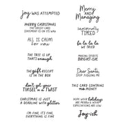 A sheet of Christmas-themed handwritten-style text cards on a white background, including phrases like 'joy was attempted,' 'Merry and Managing,' 'All Is Calm for now,' 'The gift receipt is in the box,' 'This card contains no money,' and 'I'm fine, it's fine, everything is fine.'. Spellbinders Joy-ish Sentiments Clear Stamp Set