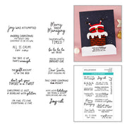 A sheet of clear printed phrases and a matching printed card design displayed on a white background, with a pink card sample and small decorative holiday props in the corner. The visible text includes Christmas-themed sayings such as 'joy was attempted,' 'Merry Christmas,' 'All is calm for now,' and 'This gift receipt is in the box. Spellbinders Joy-ish Sentiments Clear Stamp Set