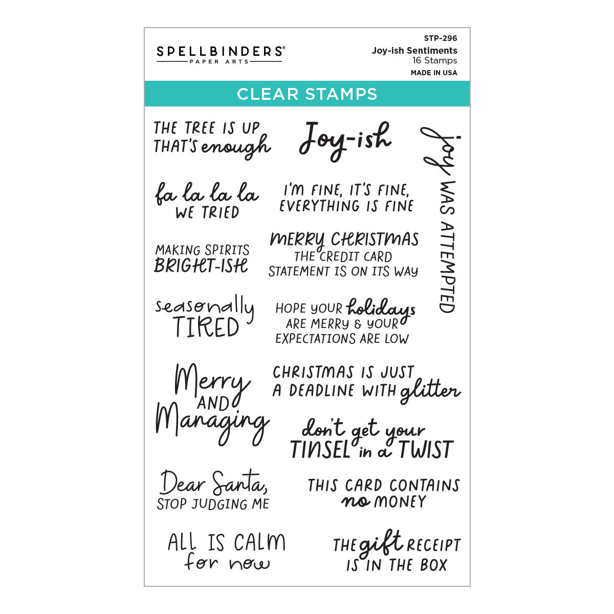 Spellbinders Joy-ish Sentiments Clear Stamp Set STP-296 featuring 16 joy-ish sentiment stamps with various handwritten and cursive phrases on a white background.