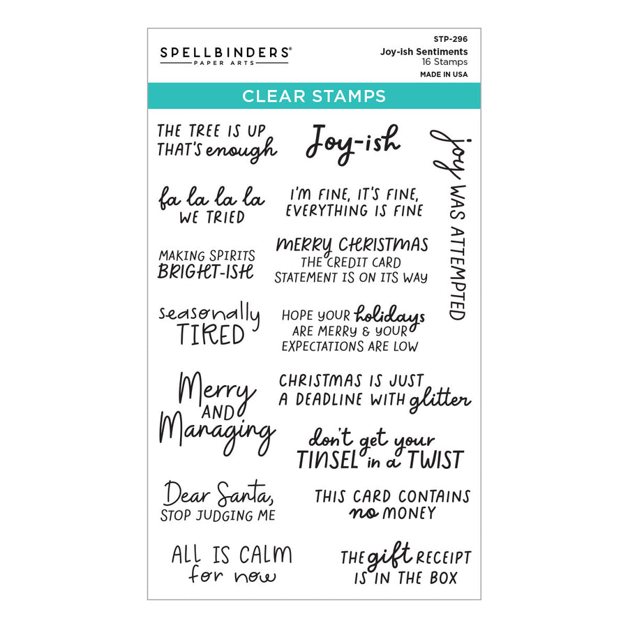 Spellbinders Joy-ish Sentiments Clear Stamp Set STP-296 featuring 16 joy-ish sentiment stamps with various handwritten and cursive phrases on a white background.