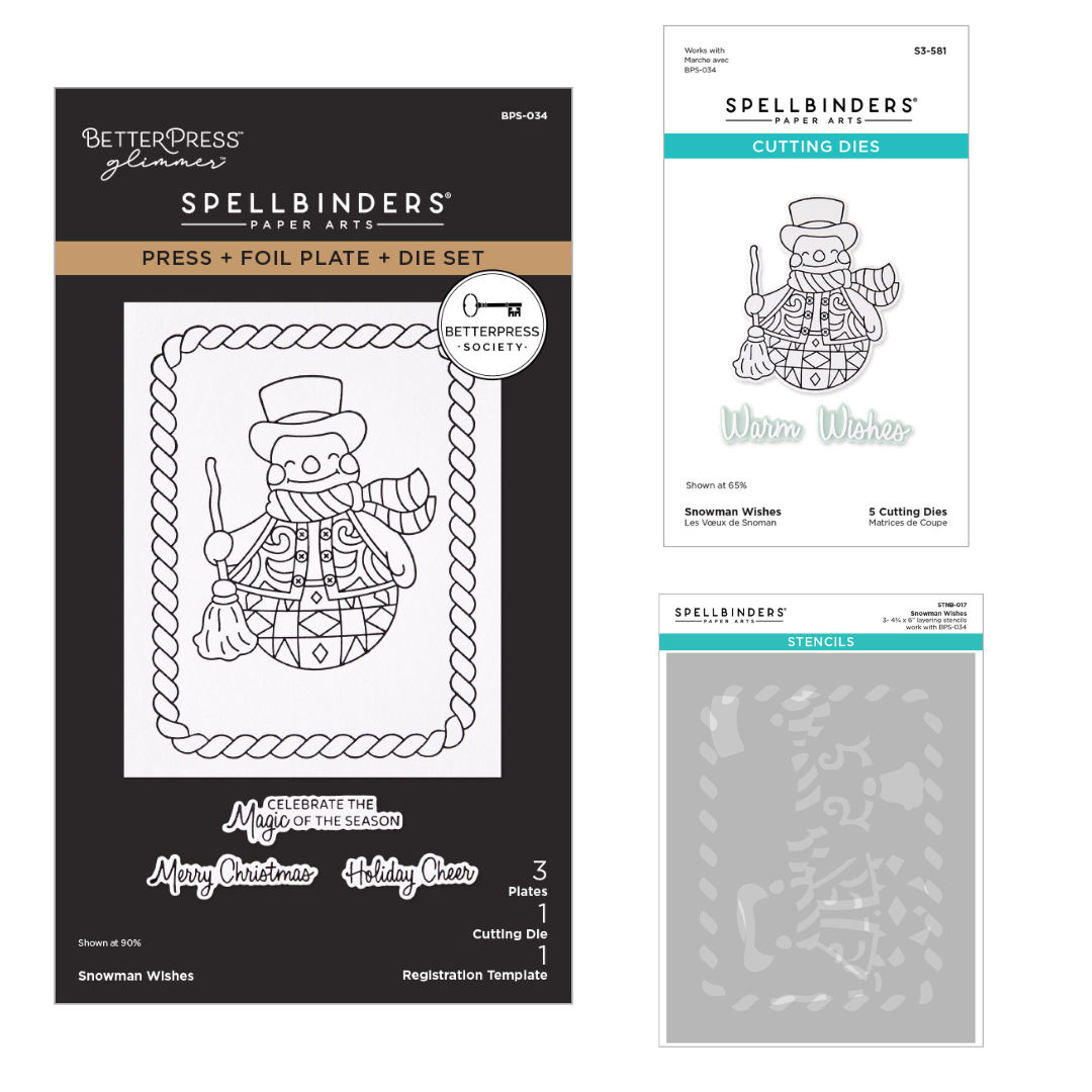 Spellbinders - BetterPress Society July 2026 (Snowman Wishes Press Plates, Die Set and Stencils Bundle)