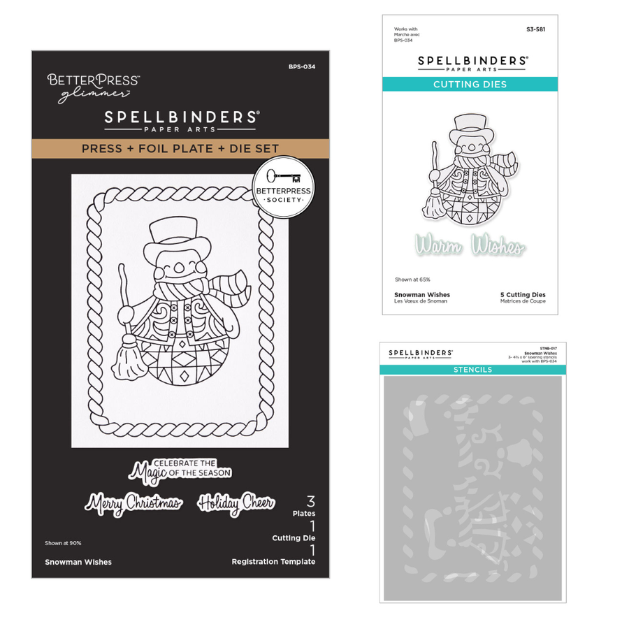 Spellbinders - BetterPress Society July 2026 (Snowman Wishes Press Plates, Die Set and Stencils Bundle)