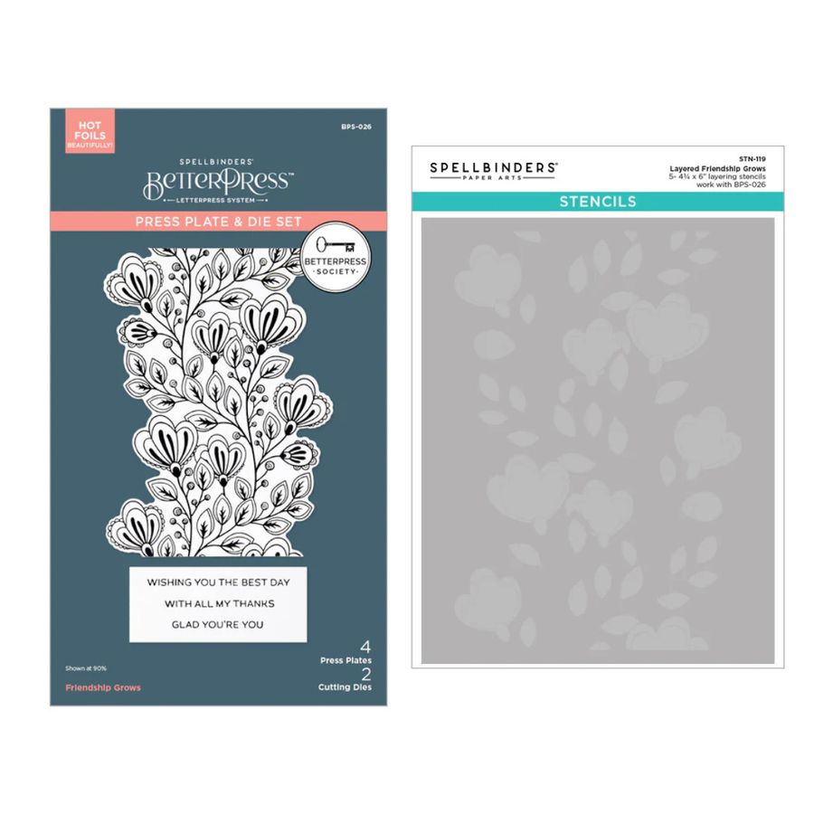 Spellbinders - BetterPress Society November 2025 (Friendship Grows Press Plate & Die Set pluss Add-on Stencils)
