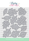 A sheet of die-cut leaf shapes from Pretty Pink Posh, featuring various autumn leaf designs in gray with dashed line details, shown on a white patterned background with the brand logo at the top. Pretty Pink Posh Stitched Leaves Dies