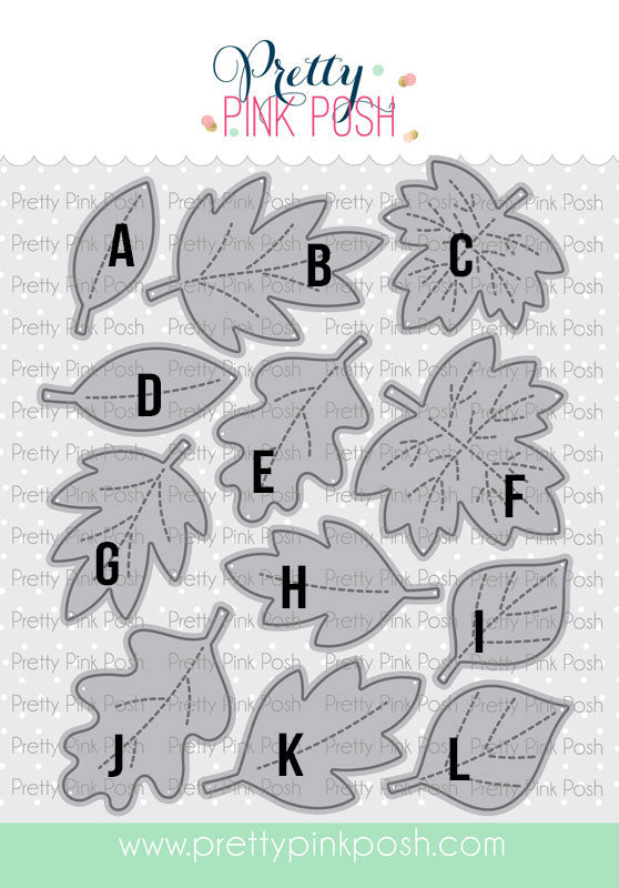 A sheet of letter-shaped leaf cutouts labeled A through L, shown on a branded Pretty Pink Posh cardstock template. The leaves are light gray with dashed center lines and black uppercase letters. Pretty Pink Posh Stitched Leaves Dies