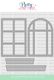 A digital preview sheet showing two gray window-shaped craft dies or templates on a white background with repeated 'Pretty Pink Posh' watermarks and the brand name/logo at the top. Pretty Pink Posh Stitched Windows 2