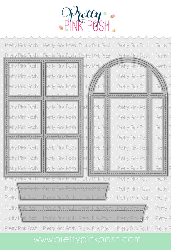 A digital preview sheet showing two gray window-shaped craft dies or templates on a white background with repeated 'Pretty Pink Posh' watermarks and the brand name/logo at the top. Pretty Pink Posh Stitched Windows 2