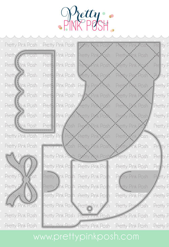 A craft die set by Pretty Pink Posh featuring a large quilted boot-shaped die, a smaller matching die, and a bow-shaped die, shown on a white background with the brand name and website. Pretty Pink Posh Stocking Gift Card Holder