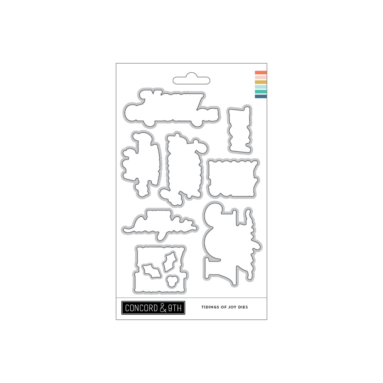 A package of Concord & 9th 'Tidings of Joy Dies' metal cutting dies, featuring various holiday-themed die shapes on a white backing card with a colorful brand stripe.