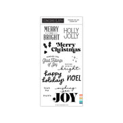 Concord & 9th Tidings of Joy Stamp Set featuring a collection of black holiday-themed die-cut and impression stamps on a white sheet, including 'Merry Christmas', 'Happy Holidays', and 'Joy', with a small multicolor accent strip at the bottom.