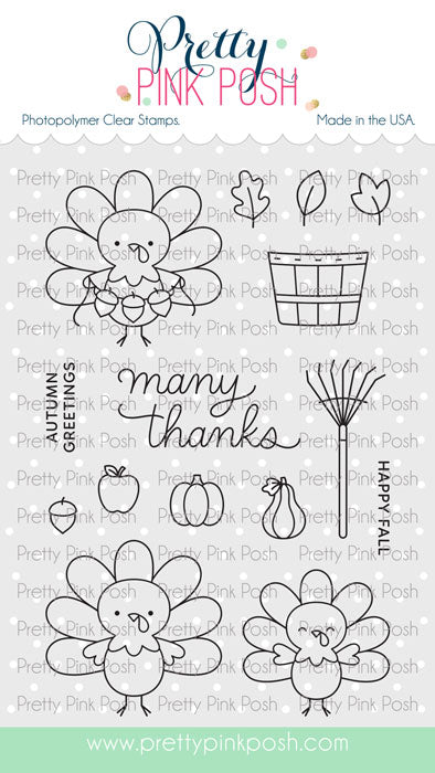 Pretty Pink Posh photopolymer clear stamps sheet featuring cartoon turkeys, acorns, pumpkins, leaves, a basket, a rake, apples, pears, and phrases like 'many thanks' and 'HAPPY FALL' in black line art on a white background with repeated watermark text. Pretty Pink Posh Turkey Friends Stamp Set