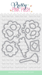 A sheet of craft dies from Pretty Pink Posh, featuring floral and decorative cutout shapes in a gray metal outline on a white background with a branded header and footer. Pretty Pink Posh Turkey Friends Coordinating Dies