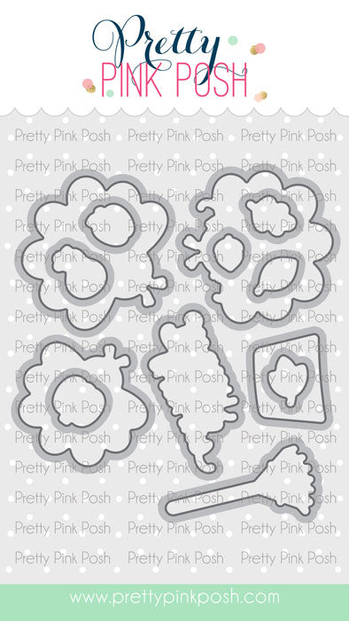 A sheet of craft dies from Pretty Pink Posh, featuring floral and decorative cutout shapes in a gray metal outline on a white background with a branded header and footer. Pretty Pink Posh Turkey Friends Coordinating Dies