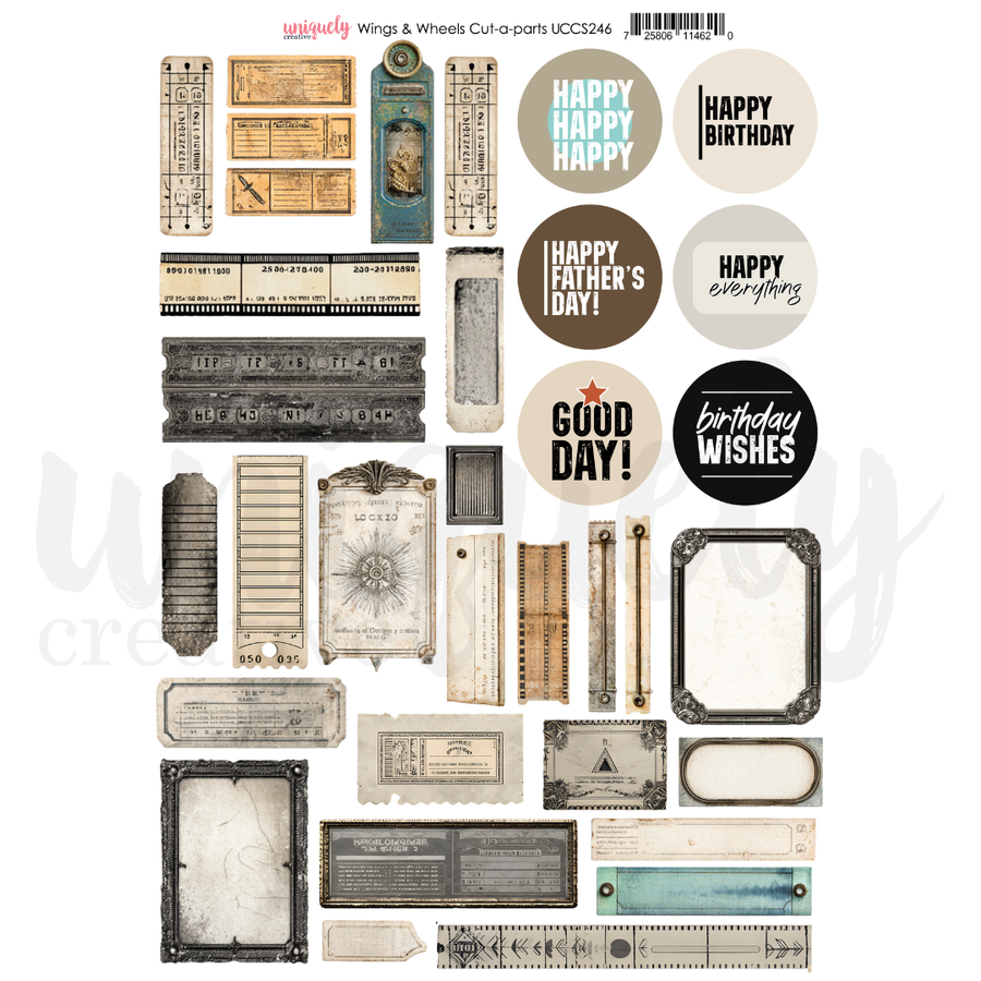 Uniquely Creative - Wings & Wheels Cut-a-Part (Wings & Wheels Collection) A sheet of scrapbook paper or craft cut-apart pieces featuring vintage-style typography, frames, labels, and birthday-themed phrases such as 'Happy Birthday,' 'Happy Father's Day!,' 'Good Day!,' and 'Happy Everything.' The design includes distressed beige, gray, black, and muted teal elements on a white background.