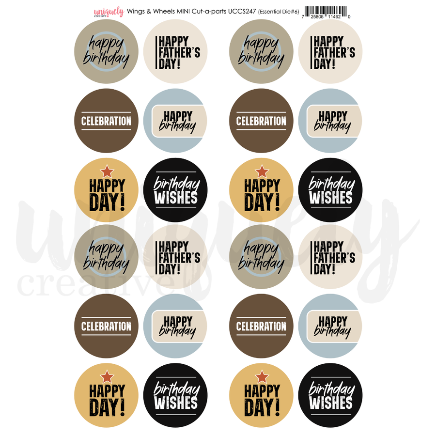 Uniquely Creative - Wings & Wheels Mini Cut-a-Part (Wings & Wheels Collection) A sheet of round decorative stickers or labels with birthday and Father's Day themed text, including phrases like 'happy birthday,' 'happy father's day!,' 'celebration,' and 'happy birthday wishes,' shown on a white background.