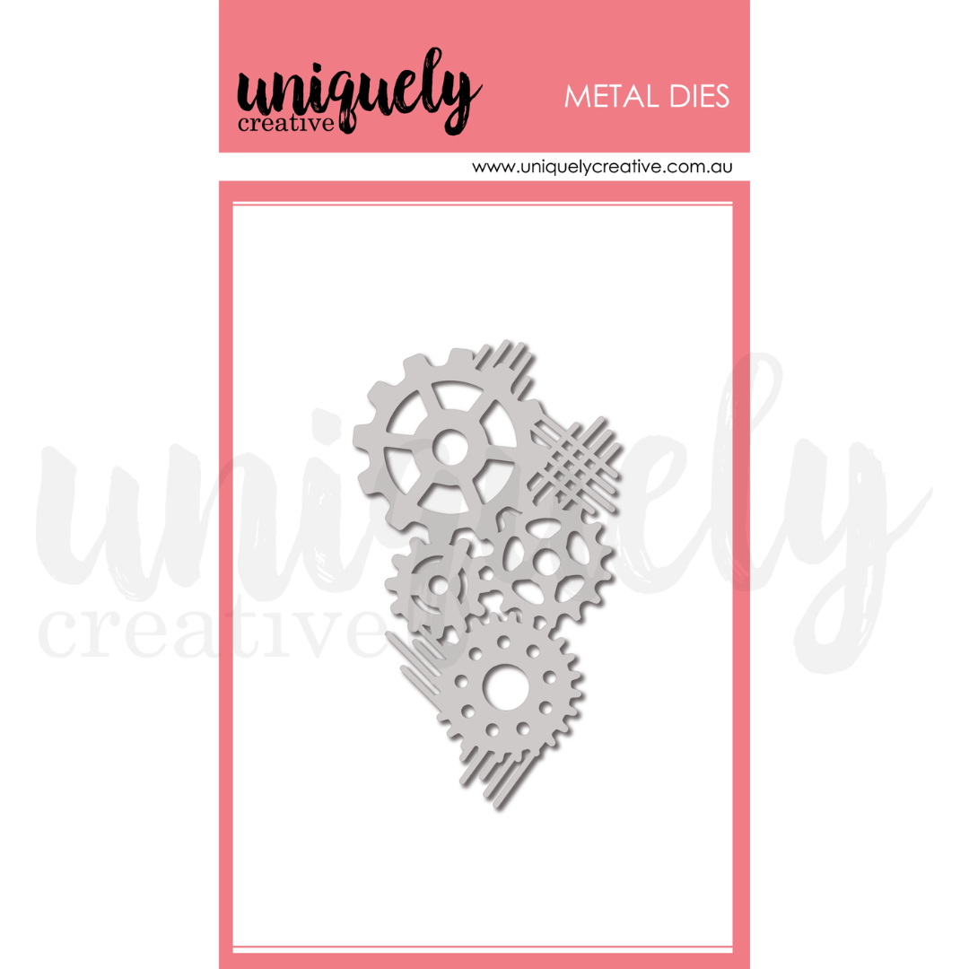 Uniquely Creative - Cogs Texture Die (Wings & Wheels Collection) A package of uniquely creative metal dies featuring a set of interlocking gear and cross-shaped metal cutting templates, presented on a white card with a pink header.