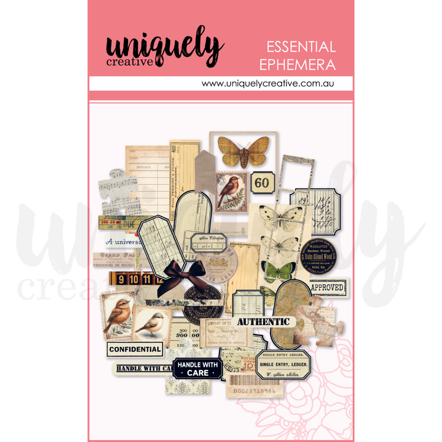 A sheet of vintage-style ephemera scrapbooking stickers from Uniquely Creative, called Curiosities Ephemera featuring labels, bird illustrations, butterflies, and aged paper elements on a white background with a pink header.