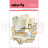 A sheet of vintage-style scrapbook paper elements from Uniquely Creative, featuring layered tags, ribbons, washi tape, floral patterns, and decorative paper pieces in soft beige, green, and cream tones, under a pink header labeled 'Canvas Elements'.